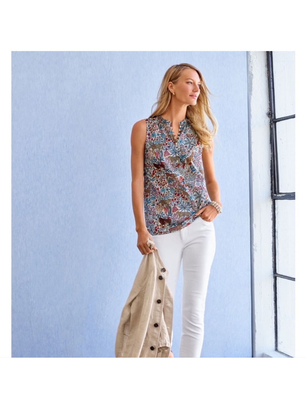 Talbots Multicolor Floral & Teal Print Sleeveless Blouse